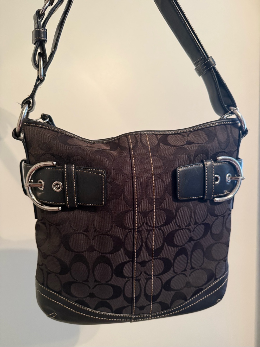 Vintage Coach Signature Buckle Shoulder Bag Black Jacquard Y2K Style 3574